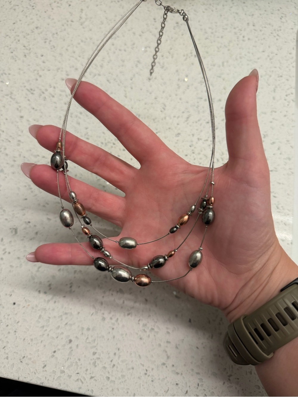Three-Strand Metallic Bead Necklace - Silver & Rose Gold - Picture 2 of 2